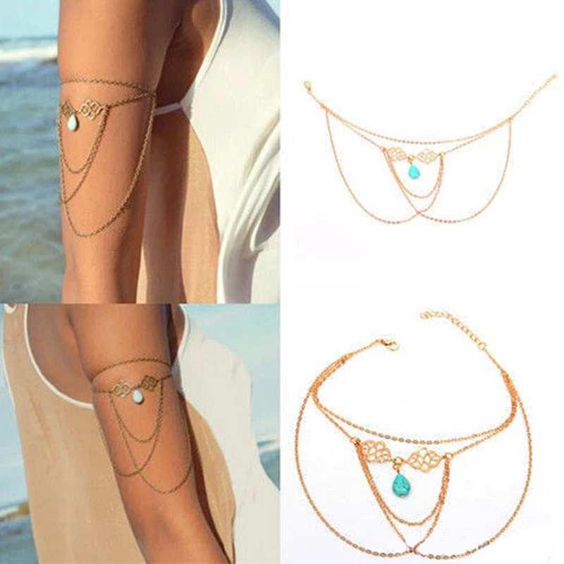 Bohemian Arm Chain Shoulder Bracelet Women Vintage Jewelry Gothic Teardrop Tassel Upper Beach Arm Bracelet Harness Shellhard