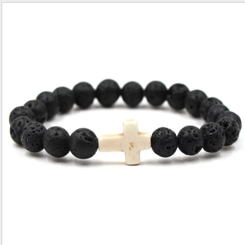 Очаровательный натуральный камень браслет крест черный Лава бисером браслеты ручной работы для мужчин женщин молитва цепочка для фитнеса пара ювелирных изделий подарок