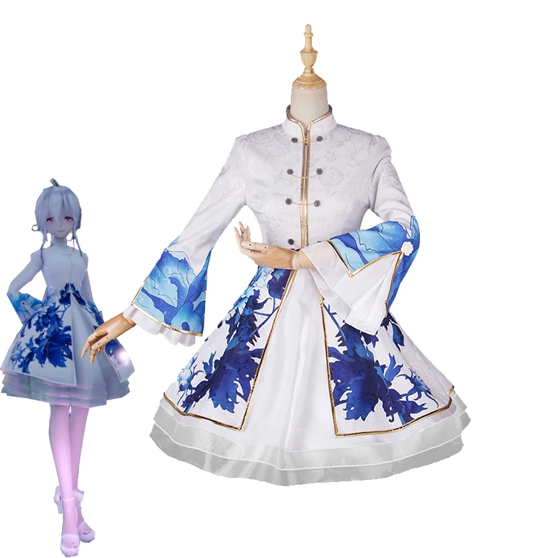 VOCALOID Yowane Хаку Косплэй костюм Делюкс синий и белый фарфор милое платье Лолита