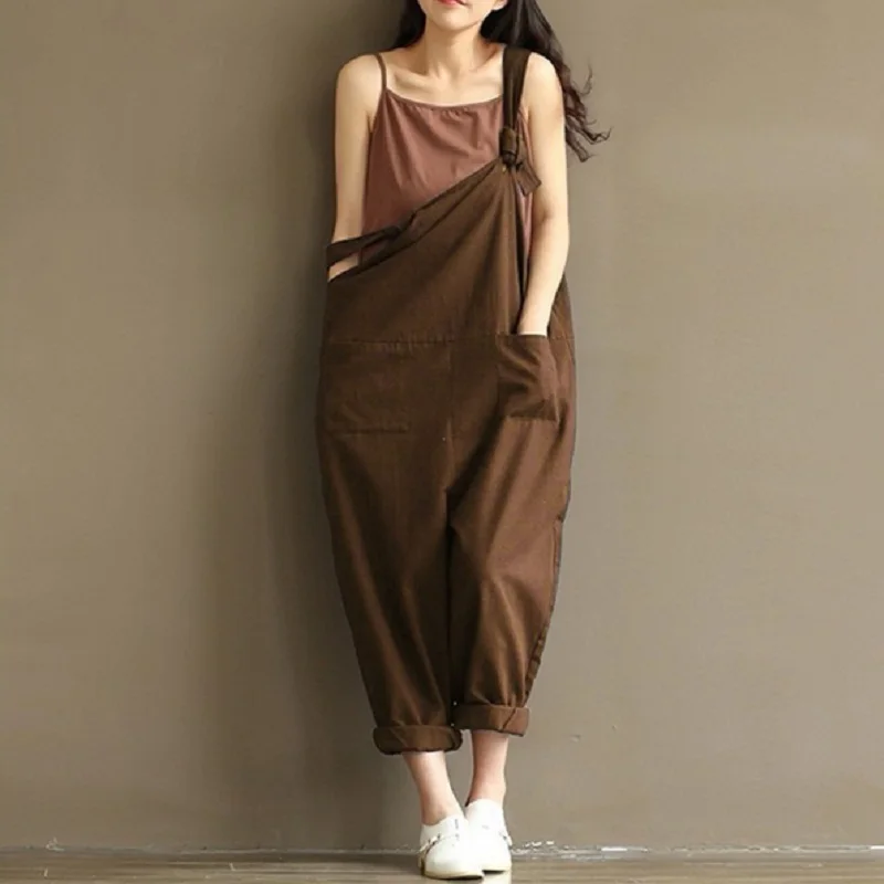 

Mori Girl Spring Summer Plus Size Women Jumpsuits Solid Loose Waist Cross Rompers Cotton Wide Leg Female Pants Bandage Trousers