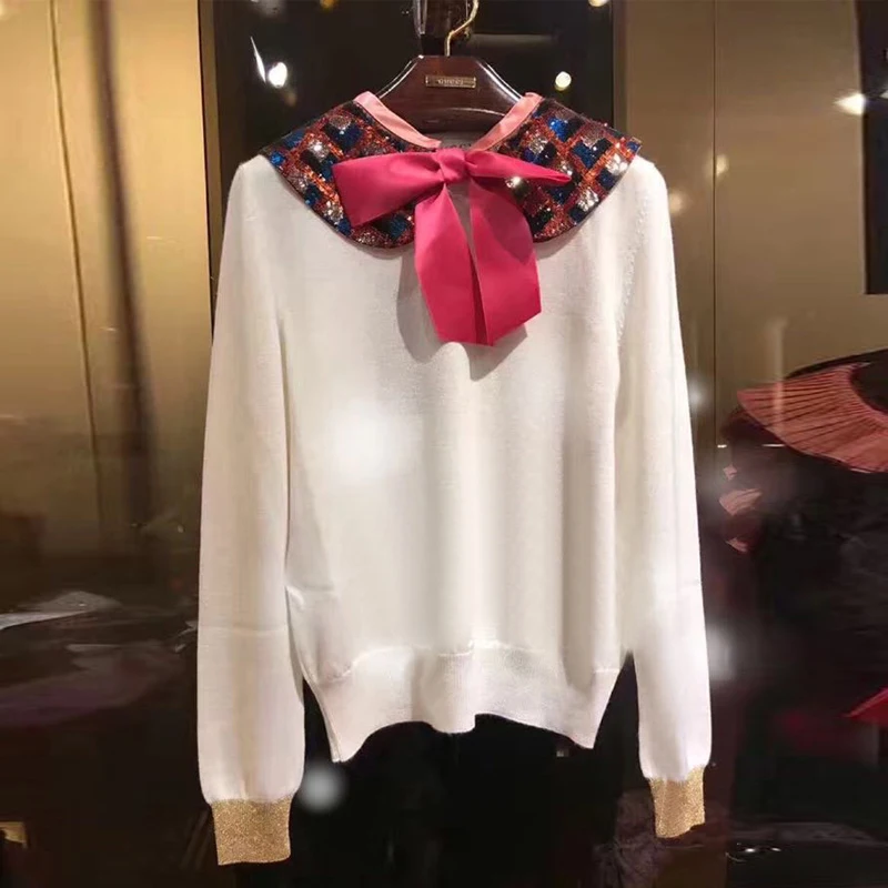 Runway White Sweater Pullover Women Winter 2018 Peter Pan collar Sequined Bowknot Long Sleeve Female Sweet Jumper Tops Clothing | Женская