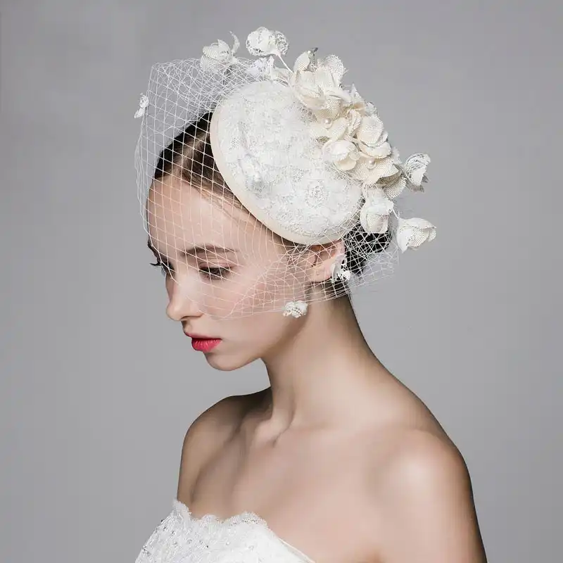 オリジナルデザインアイボリーベージュウェディングベール帽子パールと花の装飾ロマンチックな結婚式のパーティー小さなブライダル帽子 ブライダル帽子 ウェディングベール帽子ウェディングブライダル帽子 Aliexpress