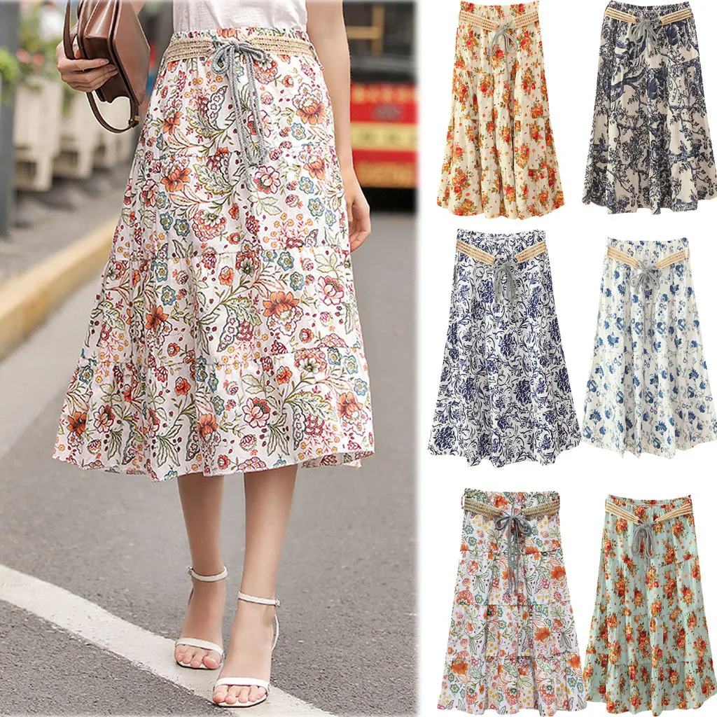 

Elegant Womens Bohemian High Waist Skirt Ladies Summer Fashion Casual Beach Maxi Long Floral Skirt faldas mujer moda 2019