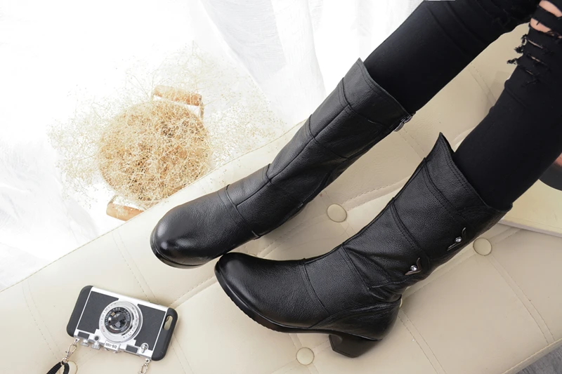 DONGNANFENG/Женская обувь для мам; женские сапоги; сапоги до колена на каблуке; шикарные черные сапоги на молнии; сезон осень-зима; теплые сапоги из натуральной коровьей кожи до середины голени с Плюшевым Мехом и круглым носком; повседневные дизайнерские JFML-5222; большие размеры 35-43