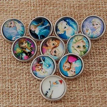 

50pcs/lot Mix Colors Glass Dome Cabochon Anime Anna & Elsa 12mm Snap Button Findings For DIY Bracelet Jewelry Accessories