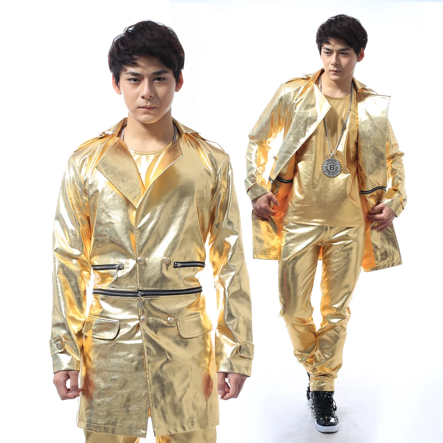 Модные Длинные Дизайн певец тонкий золотистые кожаные куртки рок DJ DS Gold сценические костюмы