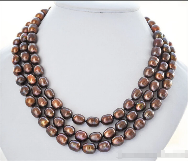 

z5862 3row 19" 12mm coffee rice FRESHWATER CULTURED pearl necklace (A0501)