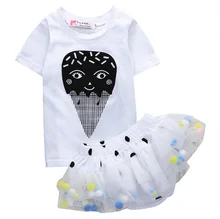 2pcs!!2016 Fashion Baby Girl Kid Outfits Cartoon T-shirt + Lace Skirt Pants 2Pcs Tutu Dress Clothes Set