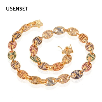 

USENSET 12mm Coffee Bean Link Colorful Zircon Necklace Hip Hop Fashion Punk Choker Chain Bling Charms Jewelry Necklace