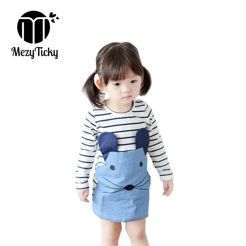 

2019 Summer Girls Long Sleeve Appliques Dress Baby Kid Cute Jeans Dresses Children Clothing Casual Stripe A-line Princess Dress