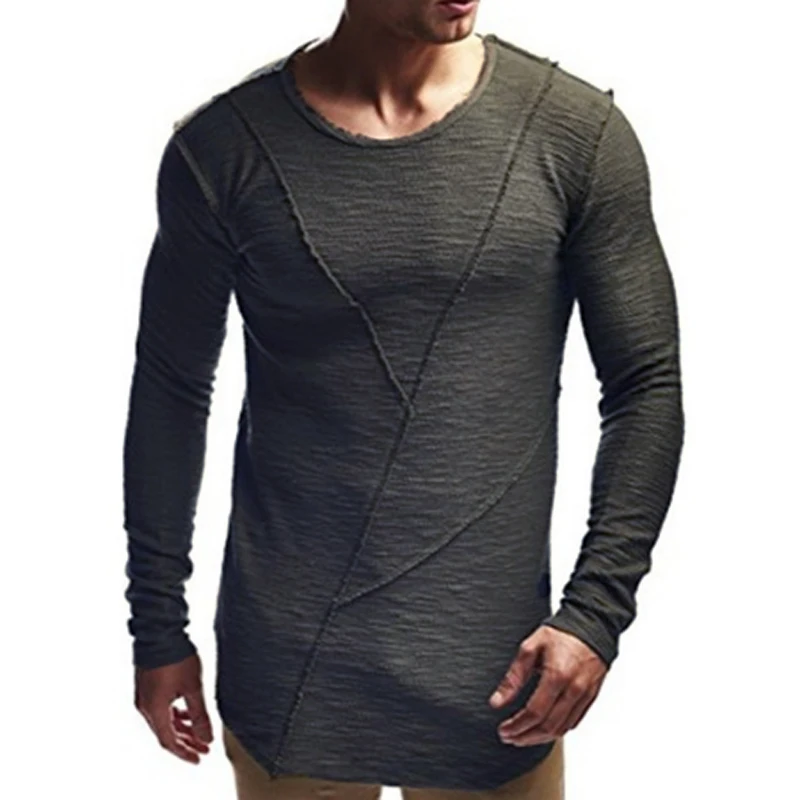 Comfortable Extend HipHop Men T Shirt Long Sleeve Basic Solid O-Neck Patchwork Loose Gyms Muscle Shirts Tee Male Clothing