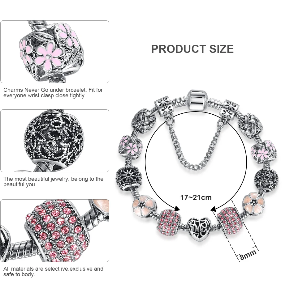 ELESHE розовый эмалированный цветок серебряный браслет, браслет на запястье с украшением в виде кристаллов бусины в форме двойного конуса, красивые Браслеты для Для женщин DIY Модные украшения