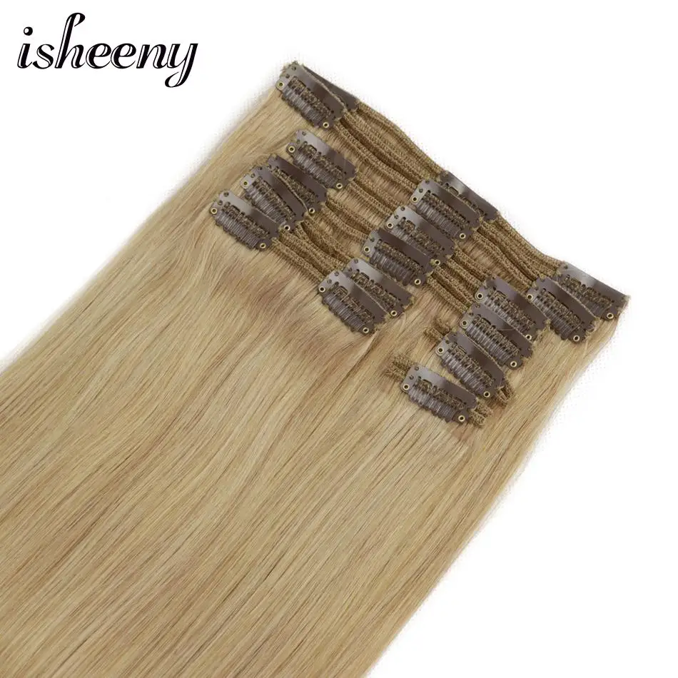 Isheeny Remy Clip in Human Hair Extensions Dark Blonde Color 27# Thick Double Weft Brazilian Hair Clip ins Full Head Set