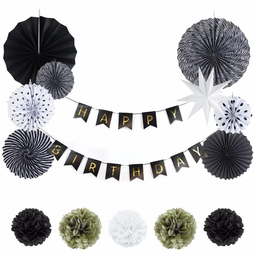 

14pcs/9pcs white and black Theme Party Decoration White Paper Star, Black Banner ,lantern ,Paper Fan For Event Birthday Party