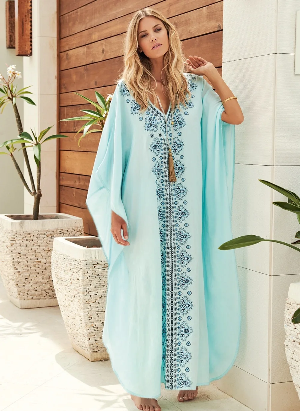 Embroidery Cotton Beach Kaftan Cover Up Saida De Praia Swimsuit Bikini