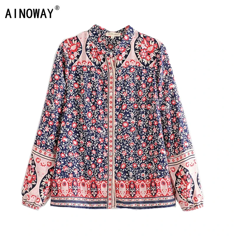 

Vintage chic women floral print stnd collar bohemian rayon blouse shirt ladies long sleeve loose Boho shirts