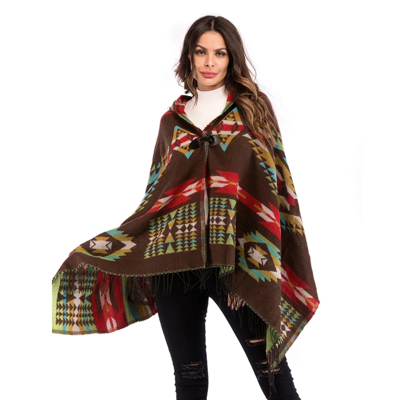 Vintage Ethnic Knitted Cloak Sweater Autumn Winter Women Irregular