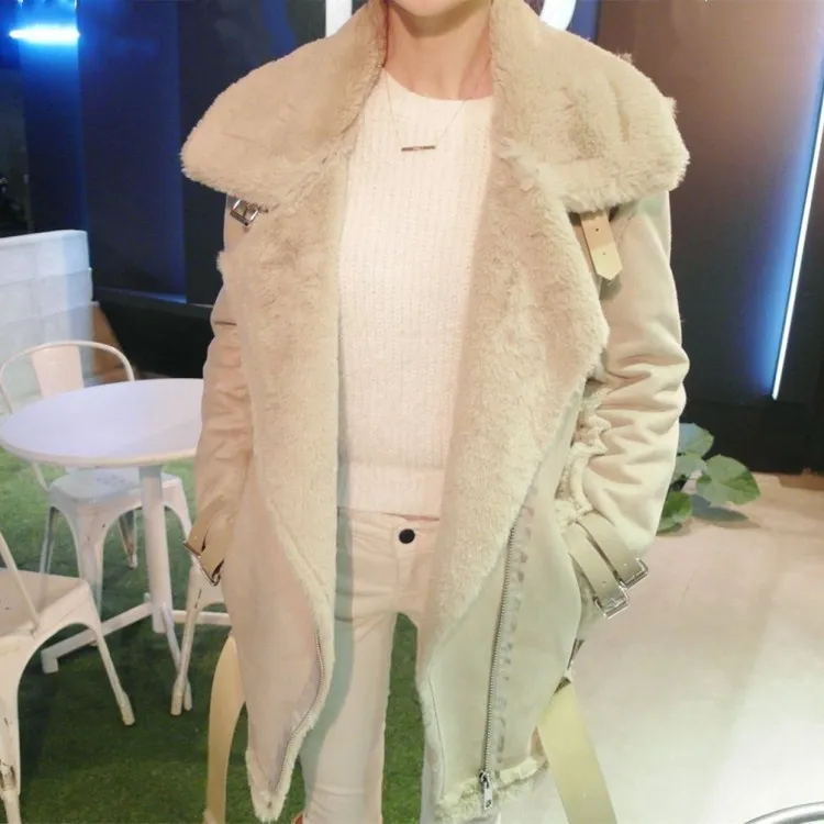 New Arrival Female Turn-Down Collar Suede Outerwear Women Faux Fur Thicken Jacket Winter Pockets Warm Sheepskin Coats
