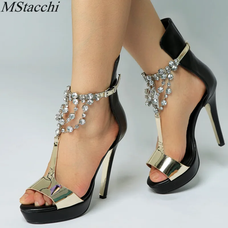 

Mstacchi Platform Open Toe Rhinestone High Heel Sandals Sexy Crystal Ankle Wrap Diamond Gladiator Women Sandals Black Size 34-47