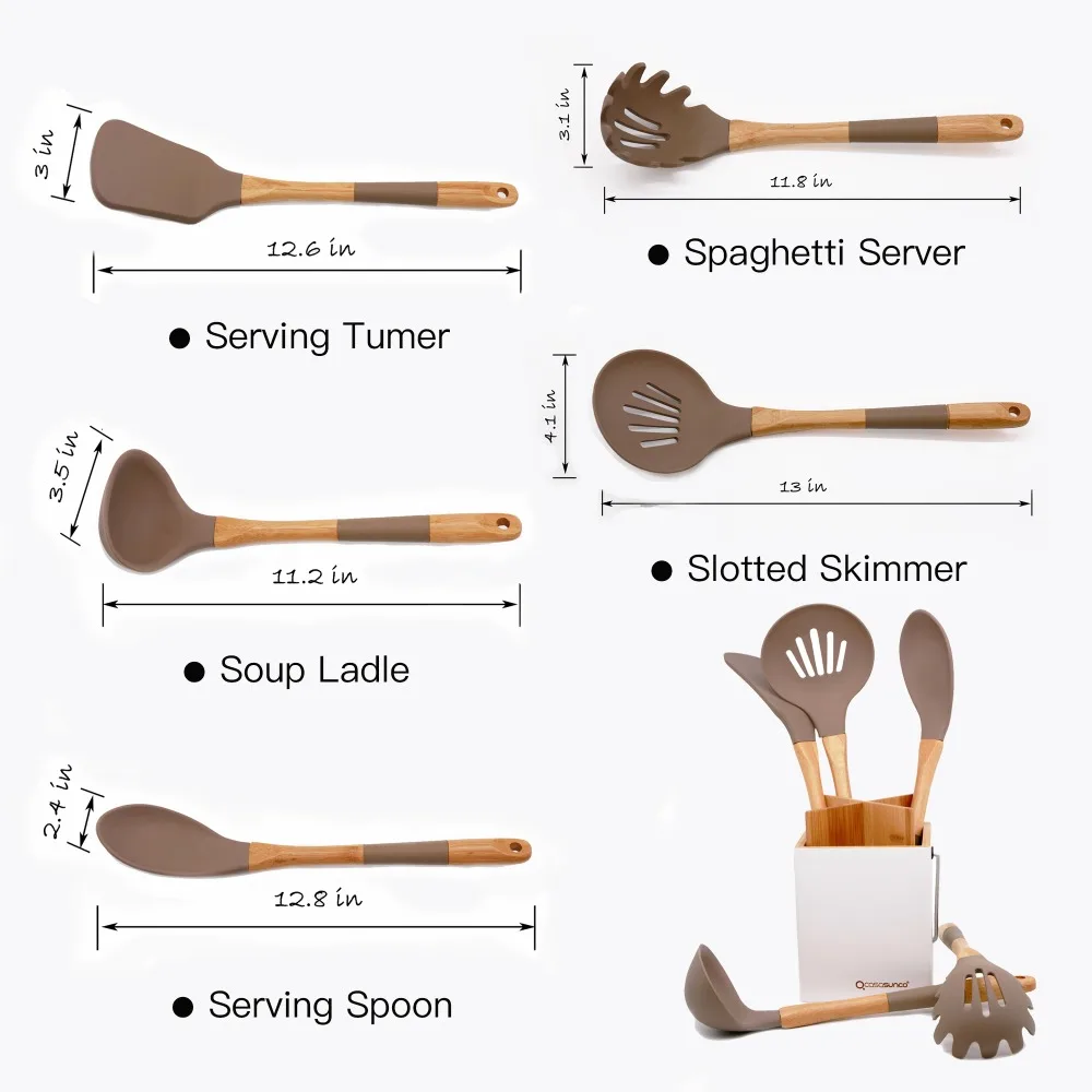 Силиконовый кухонный набор с держателем из натурального бука, термостойкий антипригарный набор кухонных принадлежностей Turner-CASASUNCO