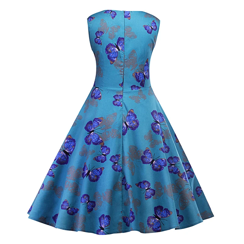 Kostlich Butterfly Print Autumn Dress Women 2017 Blue Audrey Hepburn 50s Vintage Dress Swing Rockabilly Elegant Party Dresses (8)