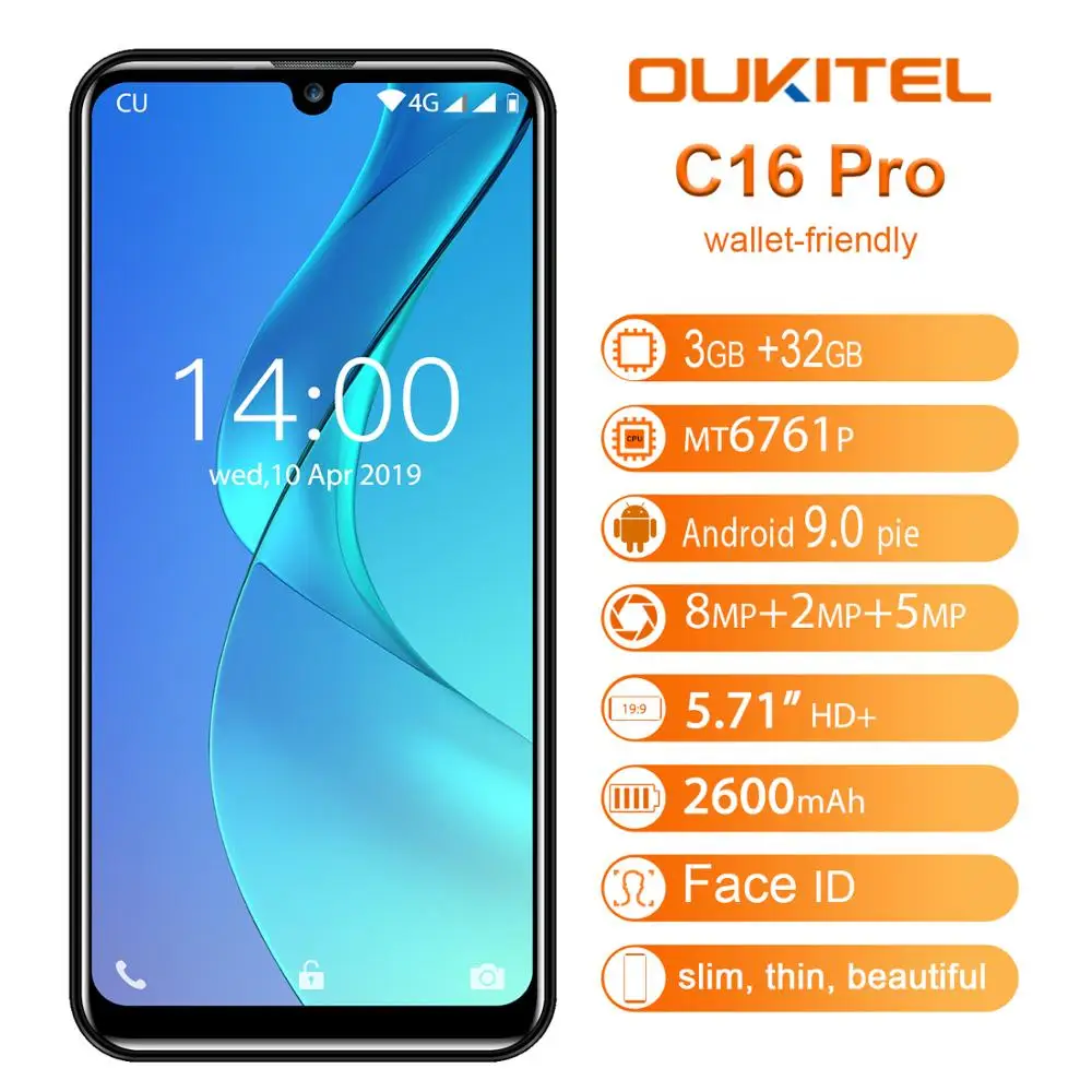 Продажа Смартфон OUKITEL C16 Pro, 3 ГБ, 32 ГБ, LTE, 2600 мА ч, мобильный телефон с функцией распознавания лица, MTK6761P, четырехъядерный, 5,71 дюймов, экран капли воды, 19...
