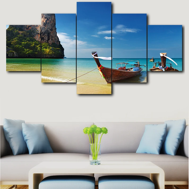 5 panel modern canvas print seascape wooden boat painting wall art