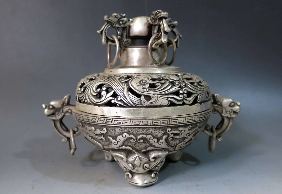 

China silver carved Exquisite many dragon censer Incense burner Sculpture Statue