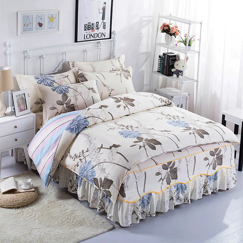 

Pastoral-Style Light Yellow Prints Pattern Cotton Bedding Set Soft Bedclothes 4Pcs Duvet Cover Set+Bed Skirt+ With Pillowcases