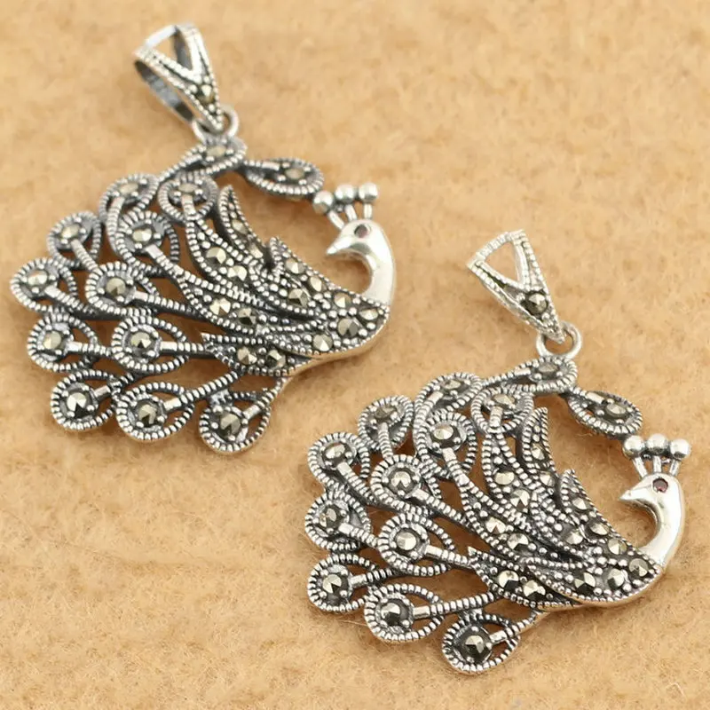 

925 Sterling Silver Marcasite Peacock Charms Pendant for DIY Fine Jewelry Making