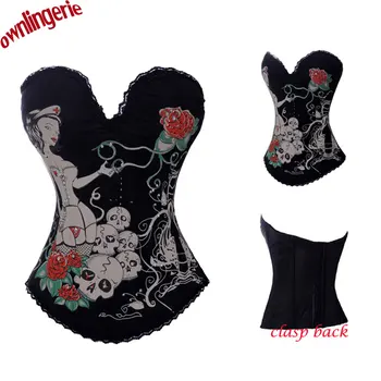 

rose girl design print corset,nude devil women and skull flower bustier shapewear clothing,clubwear overbust slimming corset
