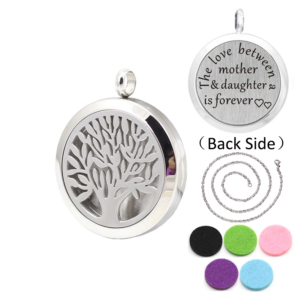 

With chain and 5 pads 30mm Stainless Steel Tree of life Perfume Locket Aromatherapy Essential Oil Diffuser Pendant Necklace