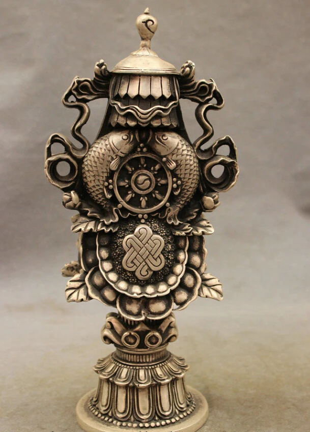 

10" Chinese Silver Buddhism Vajra Auspicious Symbol JiXiang Fish Statue B0403