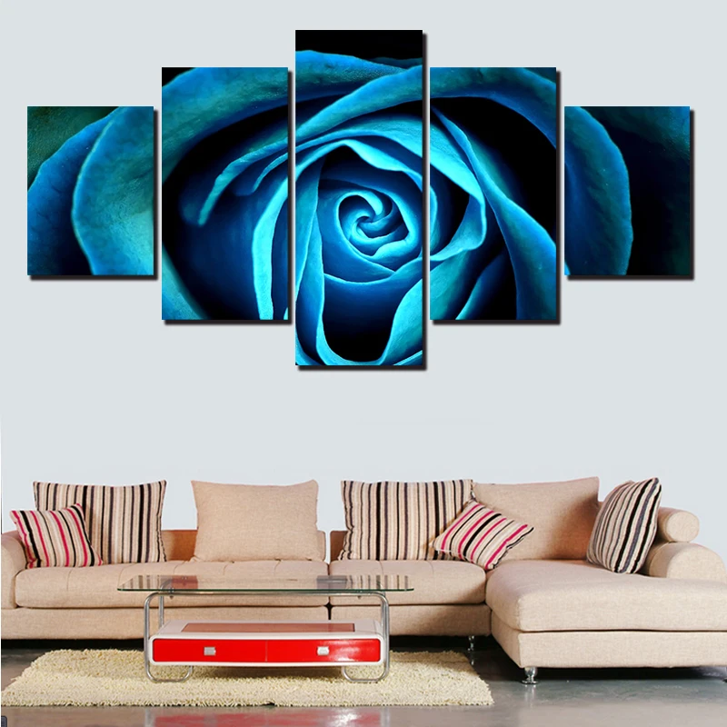 5 Pieces/Set Blue Rose Modern Home Wall Decor Canvas Picture Art HD