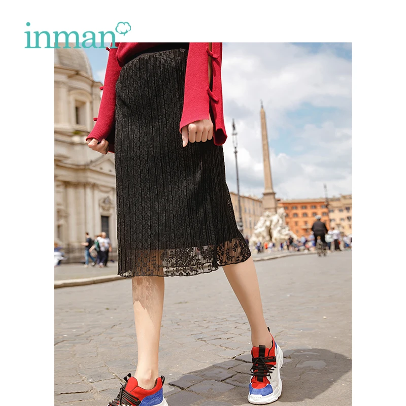 

INMAN 2019 Spring Autumn New Arrival Female High Waist Slim Lace Double Wearable Sides Mid Skirt