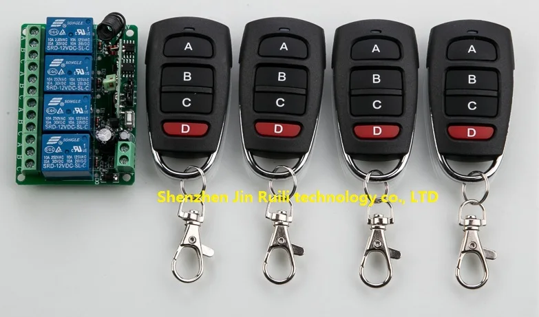 

New RF Wireless Remote Controller Relay Switch System teleswitch DC12V 4CH 1pcs Receiver& 4pcs Transmitter Toggle Momentary