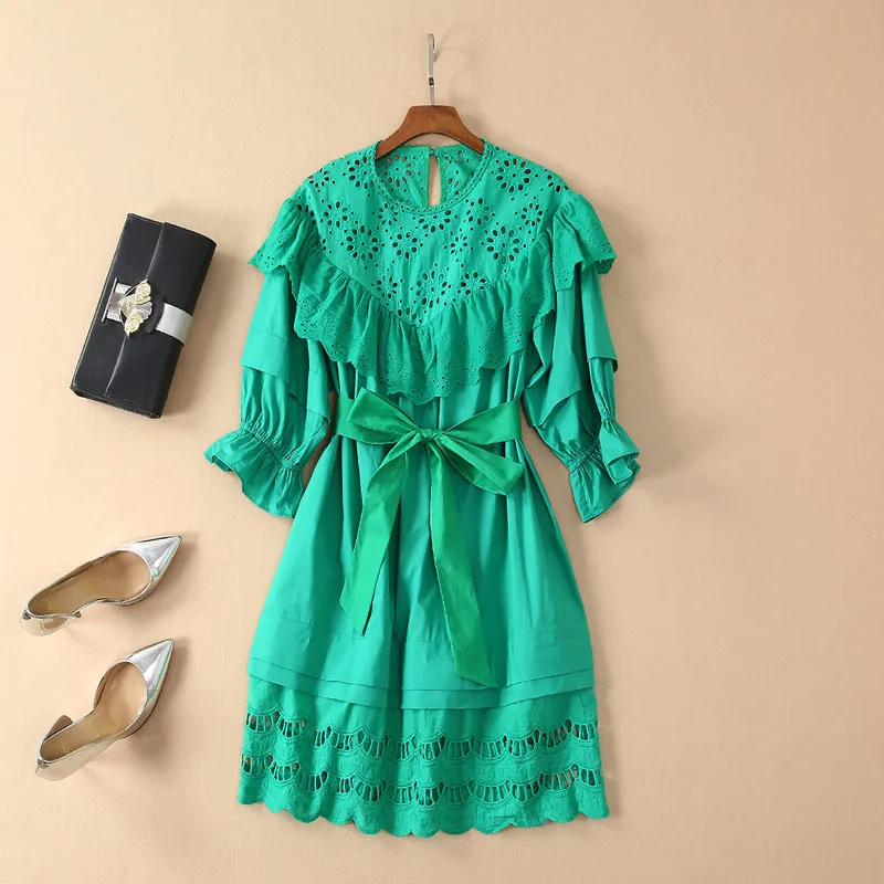 

HIGH QUALITY Newest 2019 Summer Runway Dress Women's 3/4 Sleeve Hollow Out Embroidery Cotton Dress