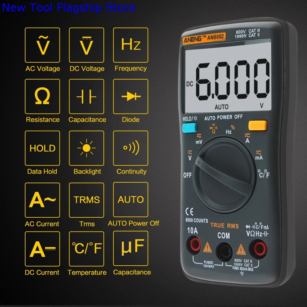 

AN8002 Digital Multimeter 6000 Counts AC/DC Ammeter Voltmeter Thermometer Black