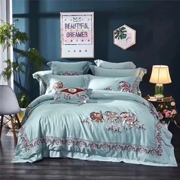 

80S Egyptian Cotton Luxury Elephant Flower Embroidery Bedding Set Queen King Size Duvet Cover Bed sheet/Linen Pillowcases 4/7pcs