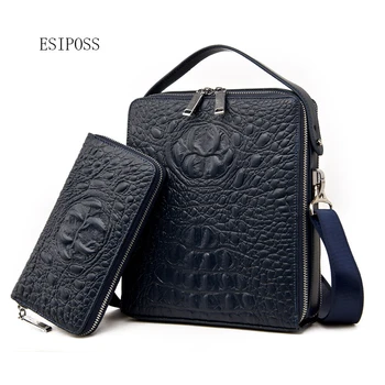 

2019 Men's Bag Crocodile Pattern Genuine Leather double zipper Briefcases Men Shoulder Bag Messenger Bag Business totes Handbag