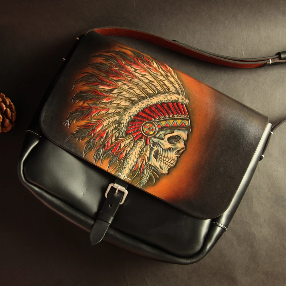 

Especially Customization Men Vegetable Tanned Leather Messenger Bag Cell Phone Pocket Cowhide Hand-carved Indian Head Lion