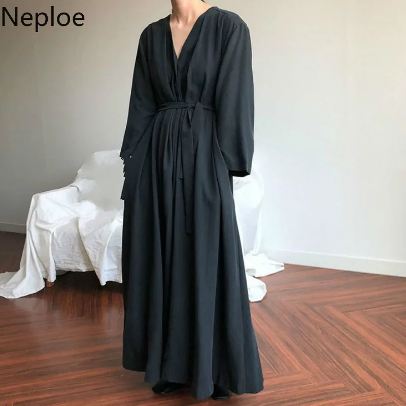 

Neploe Solid Dress Women Summer 2019 Fashion V-Neck Long Sleeve Vestidos Loose Drawstring Big Swing Ladies Dresses 43813