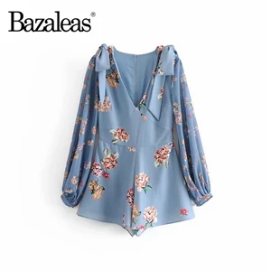 DW2462 blue Bazaleas Модные Винтажные Комбинезоны для женщин Повседневный женский с пышными рукавами боди шифоновые синие цветочные костюмы для игры с принтом комбинезоны - Цвет: DW2462 blue