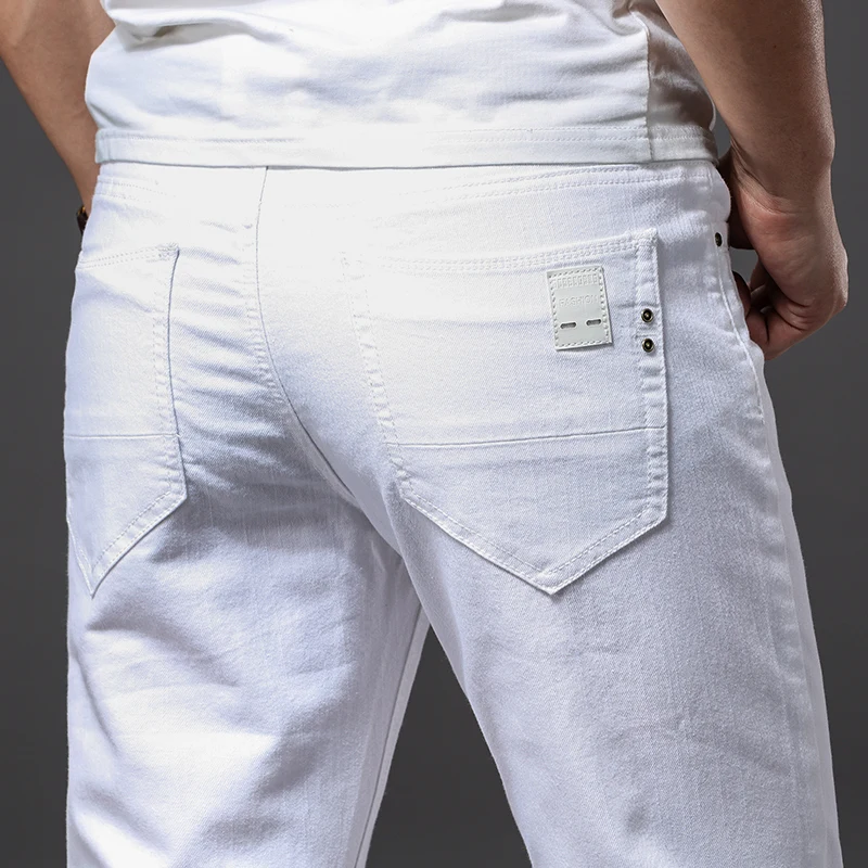 Мужские белые джинсы, модные, повседневные, классический стиль, облегающие, мягкие, мужские, брендовые, продвинутые, Стрейчевые штаны - Цвет: Белый