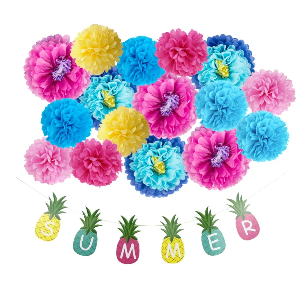 

2018 New! Set of 17 Party Decorations Paper Chrysanthemum Pom Pom flowers Summer Pineapple Banners Luau Beach Party Decor