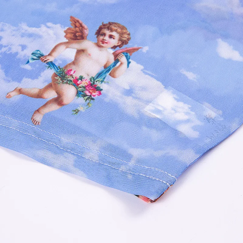 THEFOUND, Модный женский прозрачный сетчатый топ с принтом ангела, футболка, топы