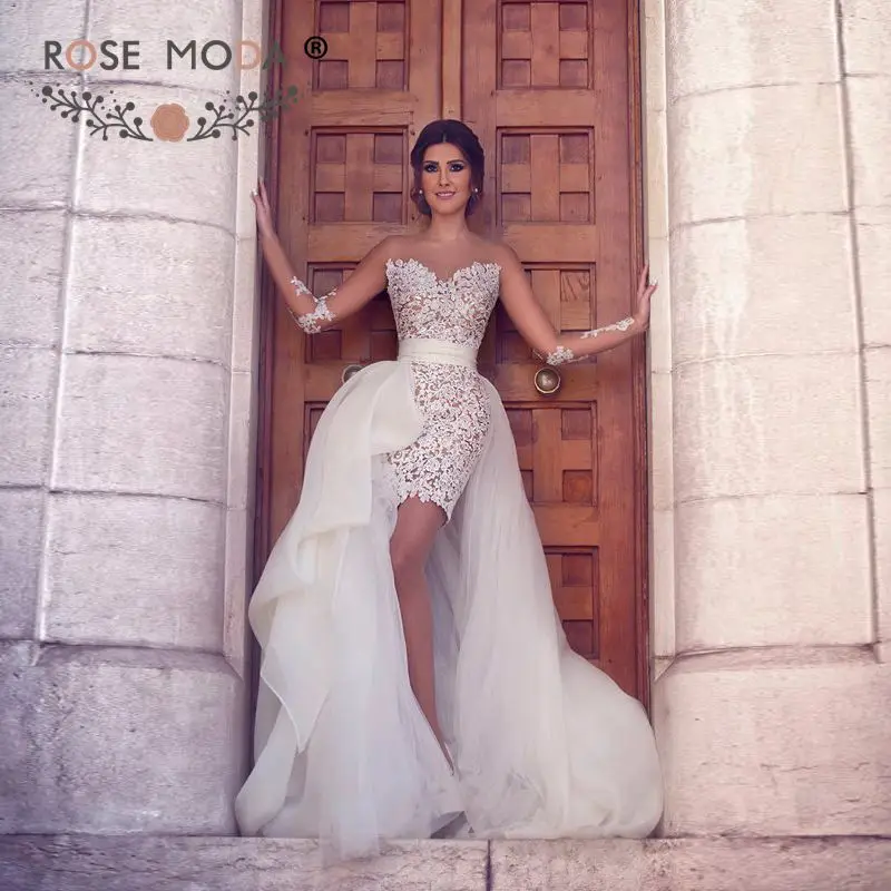 Stunning Ivory Over Champagne Short Lace Wedding Dress With Sheer Stunning Ivory Over Champagne Short Lace Wedding Dress With Sheer Long Sleeves Keyhole Back Tulle Skirt Reception In Dresses From