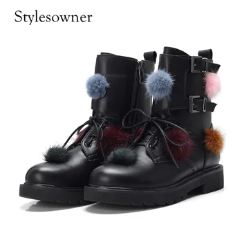 

Stylesowner Fashion Brand Luxury Woman Ankle Boots with Fur Ball Lace-up Motorcycle Martin Boots Genuine Leather Comfort Boots
