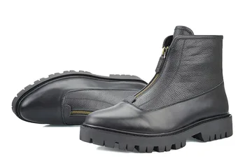 

Tube men's non-slip wear leather boots leather thick bottom Martin boots zipper pointed-on black short boots