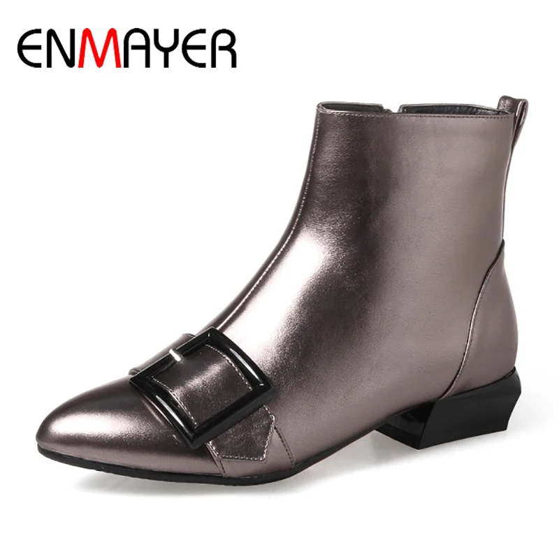 

ENMAYER Ankle Boots Woman Square Heels Flats Shoes 2017 Fashion Solid Pointed Toe Warm Plush Ladies Winter Shoes Plus Size 34-43